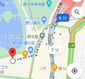 上野駅から上野キャバクラ「蓮〜れん〜」への経路
